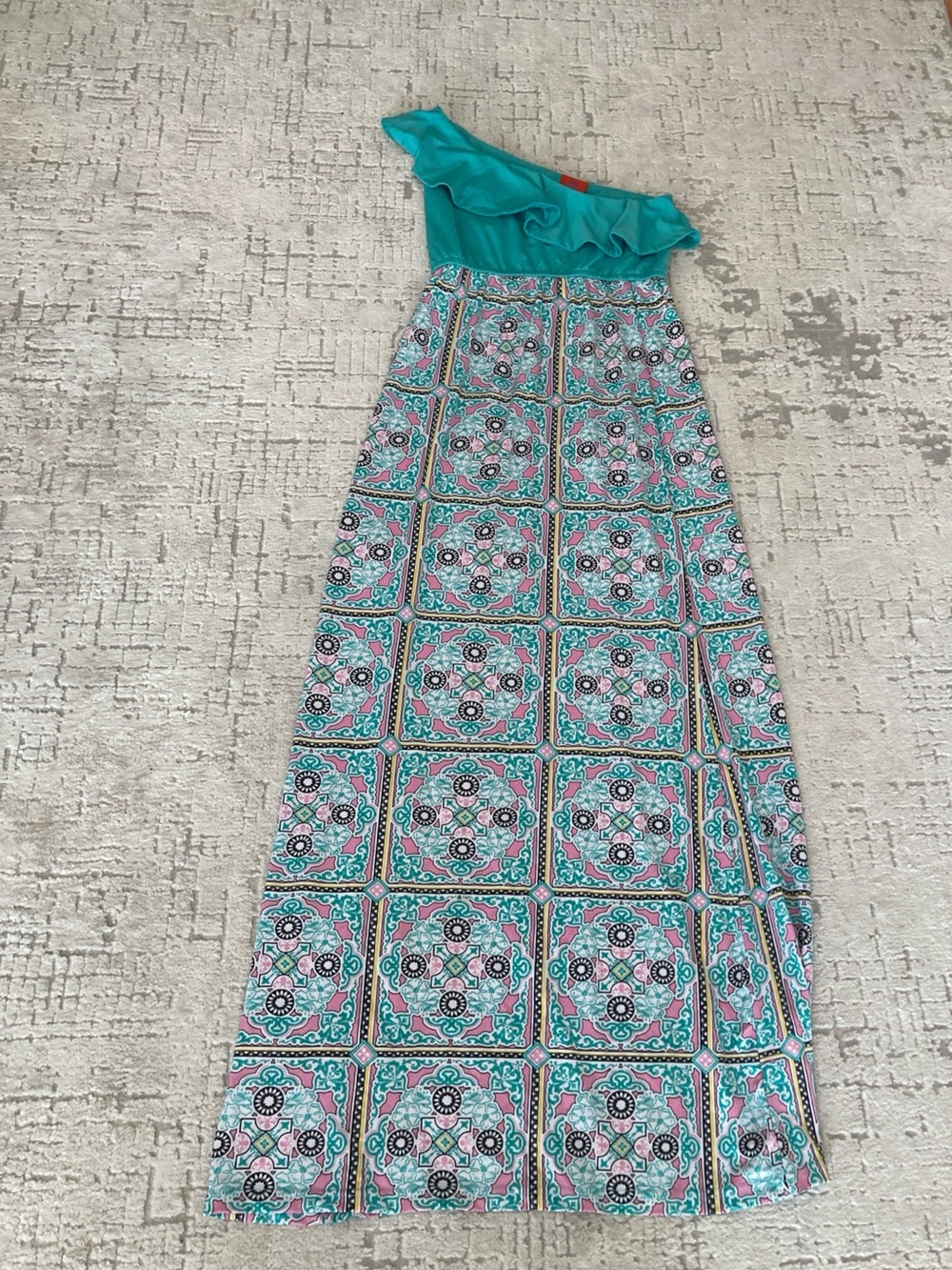 Tracy Negoshian Teal Scoop Neck Dress with Coral Logo Tag